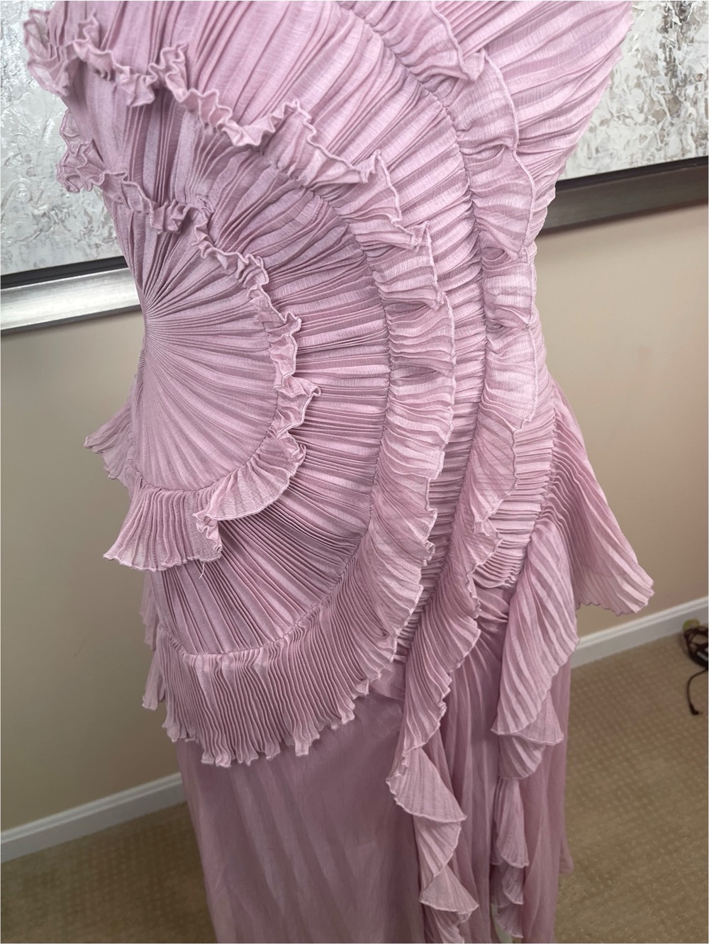 AMUR Lorelie Ruffle Ruched Pleated Halter Asymmetric Pink Maxi Gown Size 8 - Picture 5 of 9